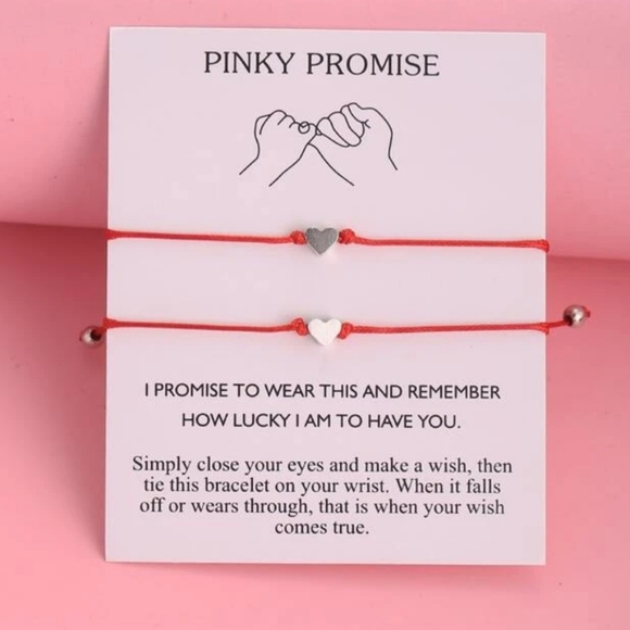 2 PIECE RED STRING PINKY PROMISE HEART BRACELET SET WITH CARD Friends Lovers - Picture 2 of 2